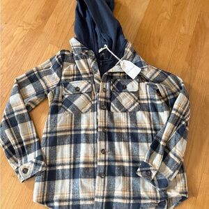 Plaid black brown hooded jacket flannel zip up woman small NEW hem & thread